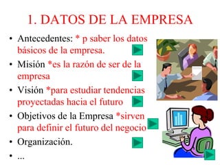 1. DATOS DE LA EMPRESA
• Antecedentes: * p saber los datos
básicos de la empresa.
• Misión *es la razón de ser de la
empresa
• Visión *para estudiar tendencias
proyectadas hacia el futuro
• Objetivos de la Empresa *sirven
para definir el futuro del negocio
• Organización.
• ...
 