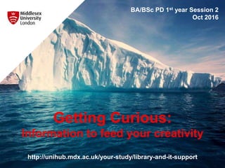 Getting Curious:
Information to feed your creativity
http://unihub.mdx.ac.uk/your-study/library-and-it-support
BA/BSc PD 1st year Session 2
Oct 2016
 