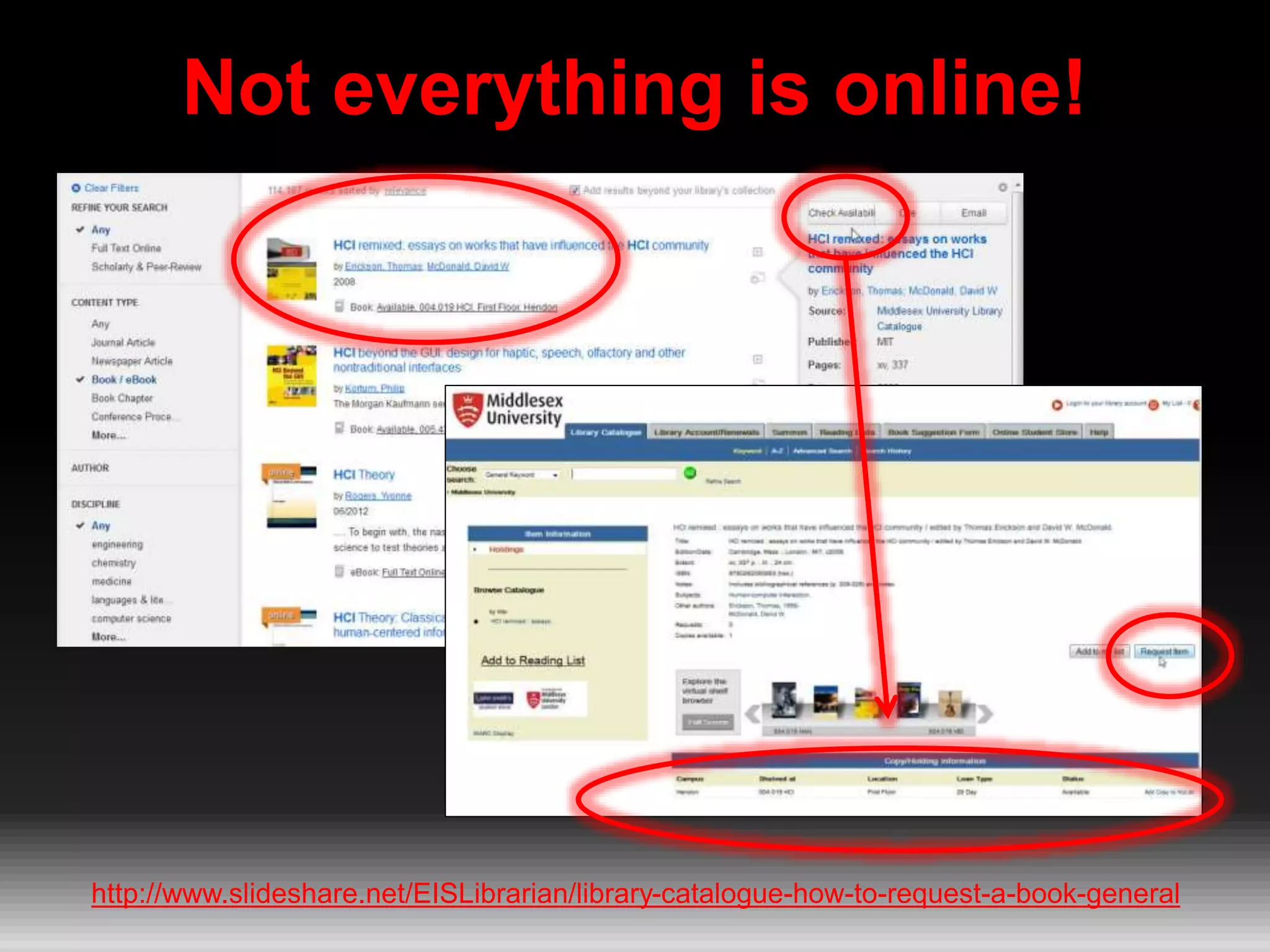 Not everything is online!
http://www.slideshare.net/EISLibrarian/library-catalogue-how-to-request-a-book-general
 