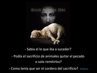 - Sabia el lo que iba a suceder? 
- Podía el sacrificio de animales quitar el pecado 
o solo remitirlos? 
- Como tenía que ser el cordero del sacrificio? Perfecto 
 