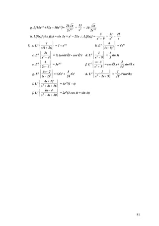 21 π    13        π
  g. L{14x3/2 +13x – 10x1/2}=          + 2 – 10 3/2
                                2s 5/2
                                         s     2s
                                                             3         3! 25
  h. L{f(x)} jika f(x) = sin 3x + x3 – 25x ∴ L{f(x)} =             + 4 -
                                                          s + 9
                                                           3
                                                                       s       s
                1                                              6 
5. a. L-1              = 1 – e-t/2                     b. L-1             = t3e9t
           s(1 + 2s)                                           (s − 9) 4 
           2s                                         1            1
   c. L-1  4        = ½ (cosh√2t - cos√2 t   d. L-1  2         = sin 3t
           s + 4                                      s + 9        3
           6                                         s+ 3                    3
   e. L-1           = 3e3t/2                 f. L-1  2        = cos√5 x+          sin√5 x
            2s − 3                                   s + 5                    5
            3s + 2                 5 4 t                   1              1 x
   g. L-1          5  = ½t e +
                            3 t
                                        te     h. L-1  2               =       e sin√8x
            (s − 1)                24                 s − 2s + 9           8
           4s + 12 
   i. L-1  2            = 4e-4t(1 – t)
           s + 8s + 16 
           6s − 4 
   j. L-1  2            = 2e2t(3 cos 4t + sin 4t)
           s − 4s + 20 




                                                                                                81
 