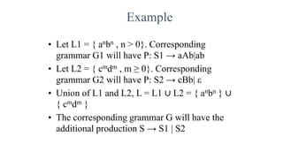 Example
• Let L1 = { anbn , n > 0}. Corresponding
grammar G1 will have P: S1 → aAb|ab
• Let L2 = { cmdm , m ≥ 0}. Corresponding
grammar G2 will have P: S2 → cBb| ε
• Union of L1 and L2, L = L1 ∪ L2 = { anbn } ∪
{ cmdm }
• The corresponding grammar G will have the
additional production S → S1 | S2
 