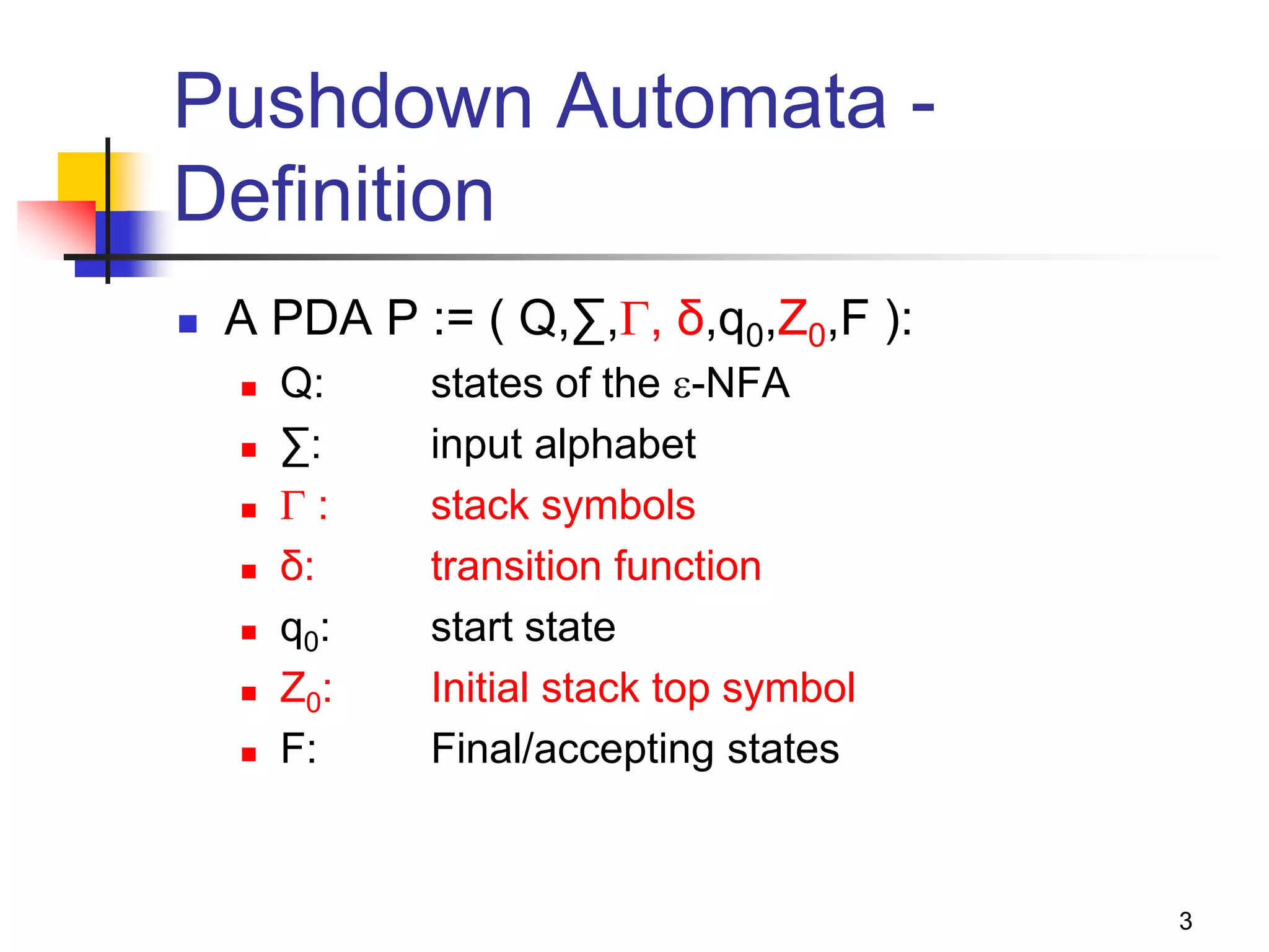 3
Pushdown Automata -
Definition
 A PDA P := ( Q,∑,, δ,q0,Z0,F ):
 Q: states of the -NFA
 ∑: input alphabet
  : stack symbols
 δ: transition function
 q0: start state
 Z0: Initial stack top symbol
 F: Final/accepting states
 