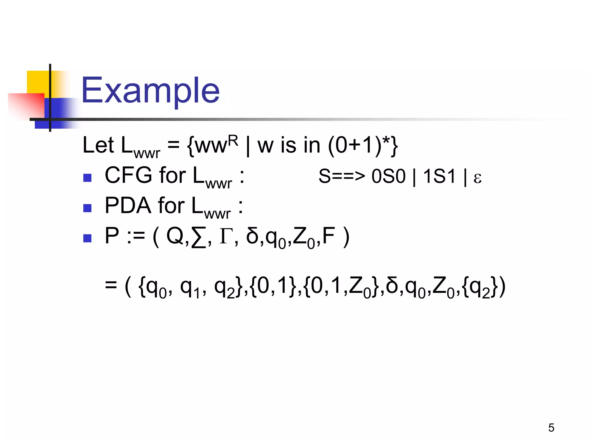 5
Example
Let Lwwr = {wwR | w is in (0+1)*}
 CFG for Lwwr : S==> 0S0 | 1S1 | 
 PDA for Lwwr :
 P := ( Q,∑, , δ,q0,Z0,F )
= ( {q0, q1, q2},{0,1},{0,1,Z0},δ,q0,Z0,{q2})
 