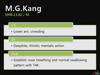 C.C
• Lower ant. crowding

Dx
• Deepbite, rhinitis, mentalis action

Goal
• Establish nose breathing and normal swallowing
 pattern with T4K
 