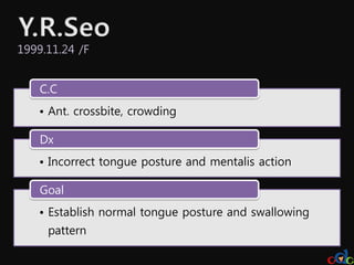 1999.11.24 /F


    C.C
   • Ant. crossbite, crowding

    Dx
   • Incorrect tongue posture and mentalis action

    Goal
   • Establish normal tongue posture and swallowing
     pattern
 