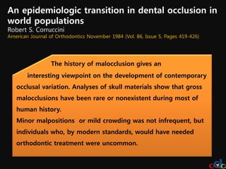 An epidemiologic transition in dental occlusion in
world populations
Robert S. Corruccini
American Journal of Orthodontics November 1984 (Vol. 86, Issue 5, Pages 419-426)




                  The history of malocclusion gives an
        interesting viewpoint on the development of contemporary
   occlusal variation. Analyses of skull materials show that gross
   malocclusions have been rare or nonexistent during most of
   human history.
   Minor malpositions or mild crowding was not infrequent, but
   individuals who, by modern standards, would have needed
   orthodontic treatment were uncommon.
 