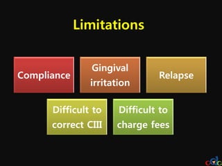 Limitations


               Gingival
Compliance                     Relapse
               irritation

      Difficult to    Difficult to
      correct CIII   charge fees
 