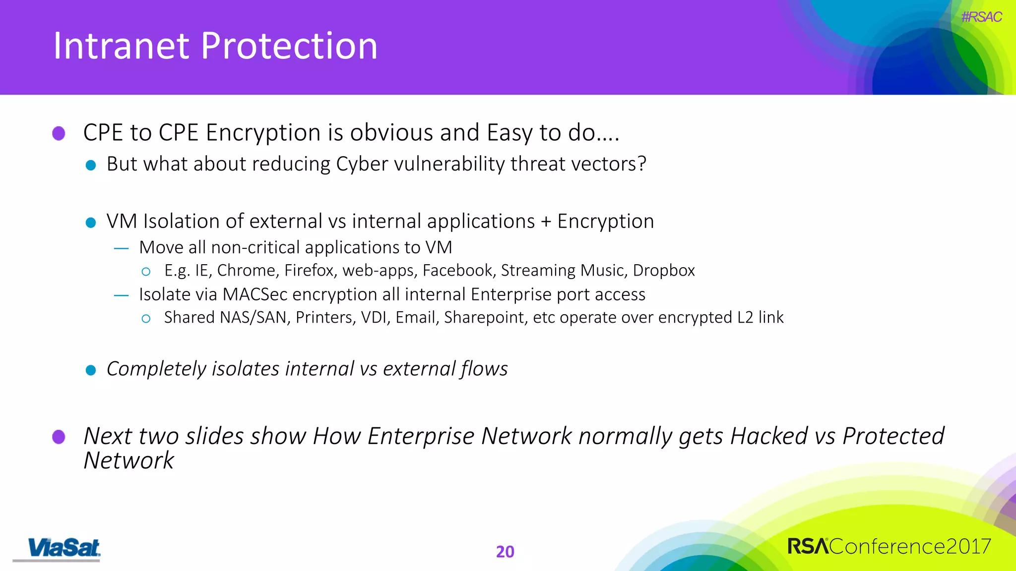 #RSAC
Intranet	Protection
20
CPE	to	CPE	Encryption	is	obvious	and	Easy	to	do….
But	what	about	reducing	Cyber	vulnerability	threat	vectors?
VM	Isolation	of	external	vs	internal	applications	+	Encryption
— Move	all	non-critical	applications	to	VM
¡ E.g.	IE,	Chrome,	Firefox,	web-apps,	Facebook,	Streaming	Music,	Dropbox	
— Isolate	via	MACSec encryption	all	internal	Enterprise	port	access
¡ Shared	NAS/SAN,	Printers,	VDI,	Email,	Sharepoint,	etc operate	over	encrypted	L2	link
Completely	isolates	internal	vs	external	flows
Next	two	slides	show	How	Enterprise	Network	normally	gets	Hacked	vs	Protected	
Network
 