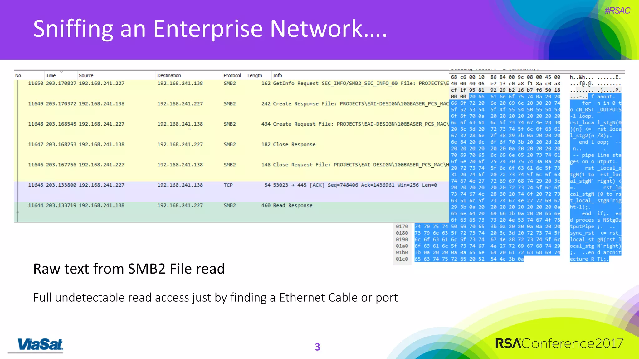#RSAC
Full	undetectable	read	access	just	by	finding	a	Ethernet	Cable	or	port
3
Raw	text	from	SMB2	File	read	
Sniffing	an	Enterprise	Network….
 