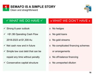 18
SEMAFO IS A SIMPLE STORY
 WHAT WE DO HAVE  x WHAT WE DON’T HAVE x
 Strong 6-year outlook
 >$1.3B Operating Cash Flow
2018-2023 at $1,300 Au
 Net cash now and in future
 Simple low cost debt that can be
repaid any time without penalty
 Conservative capital structure
x No hedges
x No gold loans
x No gold streams
x No complicated financing schemes
or arrangements
x No off-balance financing
x No unreported dilution
1 Clean and straightforward
 