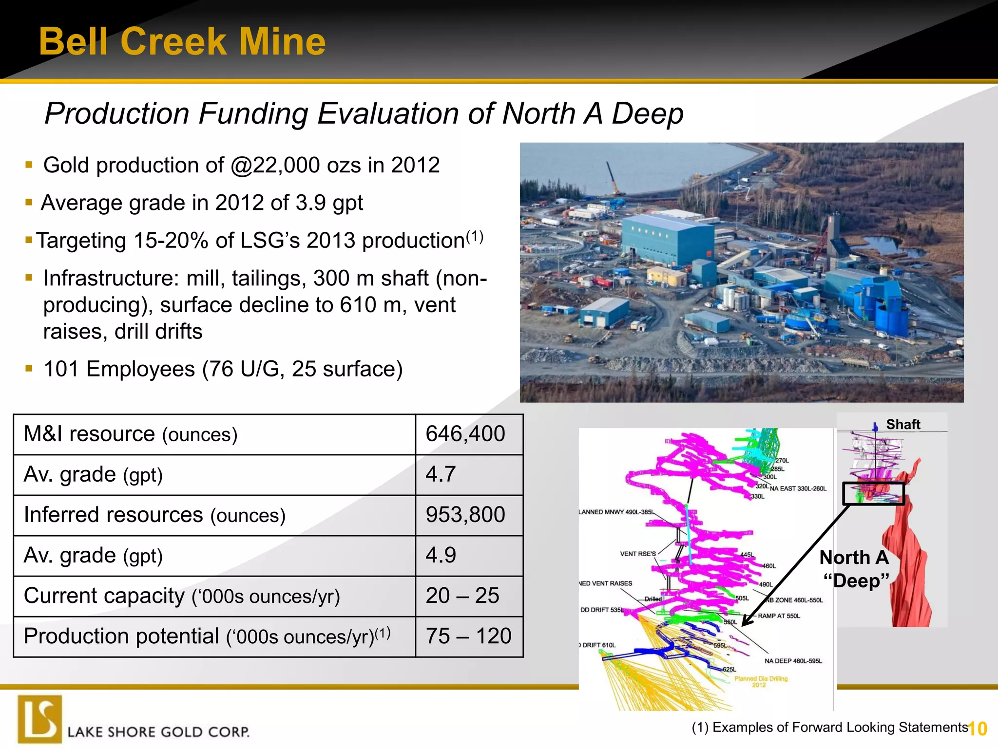 Bell Creek Mine
  Production Funding Evaluation of North A Deep
 Gold production of @22,000 ozs in 2012
 Average grade in 2012 of 3.9 gpt
Targeting 15-20% of LSG’s 2013 production(1)
 Infrastructure: mill, tailings, 300 m shaft (non-
  producing), surface decline to 610 m, vent
  raises, drill drifts
 101 Employees (76 U/G, 25 surface)

                                                                                   Shaft
M&I resource (ounces)                       646,400
Av. grade (gpt)                             4.7
Inferred resources (ounces)                 953,800
Av. grade (gpt)                             4.9                          North A
                                                                         “Deep”
Current capacity (‘000s ounces/yr)          20 – 25
Production potential (‘000s ounces/yr)(1)   75 – 120


                                                        (1) Resources inclusive of reserves
                                                       (1) Examples of Forward Looking Statements10
                                                        (2) Example of Forward Looking Statements
 