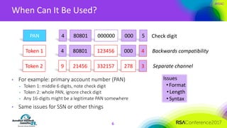 #RSAC
When	Can	It	Be	Used?
6
• For	example:	primary	account	number	(PAN)	
• Token	1:	middle	6	digits,	note	check	digit	
• Token	2:	whole	PAN,	ignore	check	digit	
• Any	16-digits	might	be	a	legitimate	PAN	somewhere
• Same	issues	for	SSN	or	other	things	
PAN 4 80801 000000 000 5
Token	1 4 80801 123456 000 4
Token	2 9 21456 332157 278 3
Backwards	compatibility
Separate	channel
Issues
• Format
• Length
• Syntax	
Check	digit
 