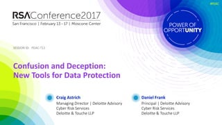 SESSION	ID:SESSION	ID:
#RSAC
Craig	Astrich
Confusion	and	Deception:																		
New	Tools	for	Data	Protection
PDAC-T11
Managing	Director	|	Deloitte	Advisory
Cyber	Risk	Services
Deloitte	&	Touche	LLP
Daniel	Frank
Principal	|	Deloitte	Advisory
Cyber	Risk	Services
Deloitte	&	Touche	LLP
 