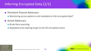 #RSAC
Inferring	Encrypted	Data	[2/2]
30
Persistent	Passive	Adversary
Monitoring	access	patterns	and	metadata	to	infer	encrypted	data*
Active	Adversary
Brute-force	querying
Repeated	onion	peeling	to	get	to	the	DE	encrypted	values
*	Breaking	Web	Applications	Built	on	top	of	Encrypted	Data,	Grubbs	et.	al,	CCS	2016
 