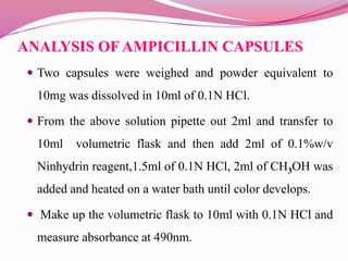 ANALYSIS OF AMPICILLIN CAPSULES
 Two capsules were weighed and powder equivalent to
10mg was dissolved in 10ml of 0.1N HC...
