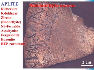 APLITE          Welsford Dyke swarms
Riebeckite
K-feldspar
Zircon
(Baddellyite)
Nb-Fe oxide
Aeschynite
Fergusonite
Euxenite
REE carbonate
 