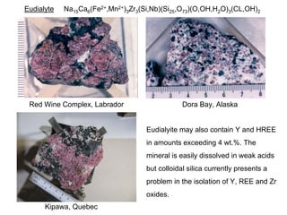 Eudialyte   Na15Ca6(Fe2+,Mn2+)3Zr3(Si,Nb)(Si25,O73)(O,OH,H2O)3(CL,OH)2




 Red Wine Complex, Labrador                     Dora Bay, Alaska


                                    Eudialyite may also contain Y and HREE
                                    in amounts exceeding 4 wt.%. The
                                    mineral is easily dissolved in weak acids
                                    but colloidal silica currently presents a
                                    problem in the isolation of Y, REE and Zr
                                    oxides.
      Kipawa, Quebec
 