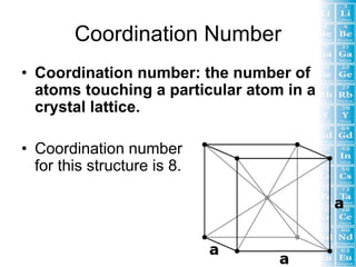 Coordination Number
• Coordination number: the number of
  atoms touching a particular atom in a
  crystal lattice.

• Coordination number
  for this structure is 8.
 