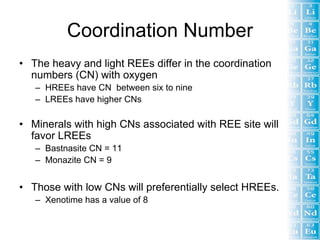 Coordination Number
• The heavy and light REEs differ in the coordination
  numbers (CN) with oxygen
   – HREEs have CN between six to nine
   – LREEs have higher CNs

• Minerals with high CNs associated with REE site will
  favor LREEs
   – Bastnasite CN = 11
   – Monazite CN = 9


• Those with low CNs will preferentially select HREEs.
   – Xenotime has a value of 8
 