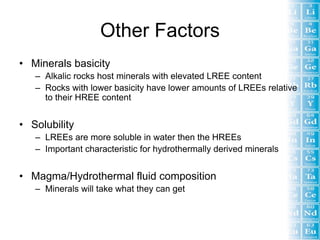 Other Factors
• Minerals basicity
   – Alkalic rocks host minerals with elevated LREE content
   – Rocks with lower basicity have lower amounts of LREEs relative
     to their HREE content


• Solubility
   – LREEs are more soluble in water then the HREEs
   – Important characteristic for hydrothermally derived minerals


• Magma/Hydrothermal fluid composition
   – Minerals will take what they can get
 