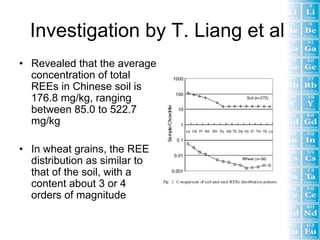 Investigation by T. Liang et al.
• Revealed that the average
  concentration of total
  REEs in Chinese soil is
  176.8 mg/kg, ranging
  between 85.0 to 522.7
  mg/kg

• In wheat grains, the REE
  distribution as similar to
  that of the soil, with a
  content about 3 or 4
  orders of magnitude
 