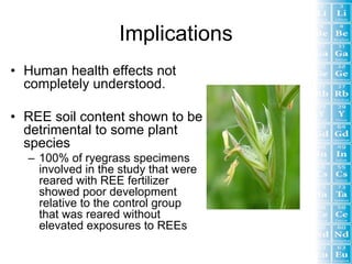 Implications
• Human health effects not
  completely understood.

• REE soil content shown to be
  detrimental to some plant
  species
  – 100% of ryegrass specimens
    involved in the study that were
    reared with REE fertilizer
    showed poor development
    relative to the control group
    that was reared without
    elevated exposures to REEs
 