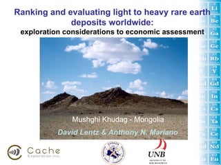 Ranking and evaluating light to heavy rare earth
             deposits worldwide:
 exploration considerations to economic assessment




              Mushghi Khudag - Mongolia
          David Lentz & Anthony N. Mariano
 