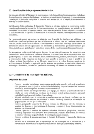 02.- Justificación de la programación didáctica.
La sociedad del siglo XXI requiere la incorporación en la formación de los ciudadanos y ciudadanas
de aquellos conocimientos, habilidades y actitudes relacionados con el cuerpo y el movimiento que
contribuyan al desarrollo integral de la persona, a su realización y a la mejora de su competencia
motriz y su calidad de vida.
La Educación Física en la etapa de Educación Primaria se orienta a partir de la competencia motriz,
entendiéndola como la integración de los conocimientos, los procedimientos, las actitudes y las
emociones vinculadas a la conducta motriz, como objetivo principal de esta asignatura. A través de
la Educación Física, se capacita al alumnado en su realización personal y en el ejercicio activo de la
ciudadanía.
La competencia motriz es un proceso dinámico que desarrolla las inteligencias múltiples y se
manifiesta a través del gobierno que hace el alumno de sí mismo y de sus conductas motrices en
relación con los otros o con el entorno. Esta competencia evoluciona a lo largo de la vida de las
personas en función de sus capacidades, sus habilidades y motivaciones, que supone conocer qué,
cómo, cuándo y con quién hacer, y también en función de las condiciones cambiantes del entorno.
Ser competente en la motricidad supone disponer de precisión al interpretar las situaciones que
reclaman una actuación eficaz en contextos diferentes, la utilización de los recursos necesarios para
que la respuesta se ajuste a las demandas de un problema motor y, también, la valoración funcional
y emocional de dicha respuesta; es decir, hay que aprender a reconocer lo que es posible o no
realizar, a ajustar las soluciones a las diferentes situaciones y a evaluar la consecuencia de las
acciones en estas. Todo ello va a permitir que las personas autogestionen su motricidad colaborando
en la mejora de su salud y autoestima y sean más eficientes y eficaces en sus acciones motrices.
03.- Concreción de los objetivos del área.
Objetivos de Etapa
• Conocer y apreciar los valores y las normas de convivencia, aprender a obrar de acuerdo con
ellas, prepararse para el ejercicio activo de la ciudadanía y respetar los derechos humanos,
así como el pluralismo propio de una sociedad democrática.
• Desarrollar hábitos de trabajo individual y de equipo, de esfuerzo y responsabilidad en el
estudio así como actitudes de confianza en sí mismo, sentido crítico, iniciativa personal,
curiosidad, interés y creatividad en el aprendizaje.
• Adquirir habilidades para la prevención y para la resolución pacífica de conflictos, que les
permitan desenvolverse con autonomía en el ámbito familiar y doméstico, así como en los
grupos sociales con los que se relacionan.
• Conocer, comprender y respetar las diversas culturas, las diferencias entre las personas, la
igualdad de derechos y oportunidades de hombres y mujeres y la no discriminación de
personas con discapacidad.
• Conocer, apreciar y respetar los aspectos culturales, históricos, geográficos, naturales,
sociales y lingüísticos más relevantes de la Comunidad Autónoma de Canarias, así como de
su entorno, valorando las posibilidades de acción para su conservación.
• Conocer y utilizar de manera apropiada el Español de Canarias y desarrollar hábitos de
lectura.
• Iniciarse en la utilización, para el aprendizaje, de las tecnologías de la información y la
comunicación desarrollando un espíritu crítico ante los mensajes que reciben y elaboran.
 