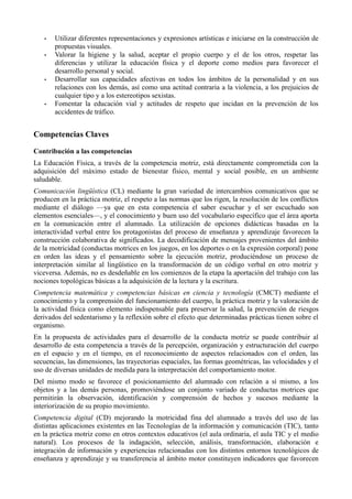 • Utilizar diferentes representaciones y expresiones artísticas e iniciarse en la construcción de
propuestas visuales.
• Valorar la higiene y la salud, aceptar el propio cuerpo y el de los otros, respetar las
diferencias y utilizar la educación física y el deporte como medios para favorecer el
desarrollo personal y social.
• Desarrollar sus capacidades afectivas en todos los ámbitos de la personalidad y en sus
relaciones con los demás, así como una actitud contraria a la violencia, a los prejuicios de
cualquier tipo y a los estereotipos sexistas.
• Fomentar la educación vial y actitudes de respeto que incidan en la prevención de los
accidentes de tráfico.
Competencias Claves
Contribución a las competencias
La Educación Física, a través de la competencia motriz, está directamente comprometida con la
adquisición del máximo estado de bienestar físico, mental y social posible, en un ambiente
saludable.
Comunicación lingüística (CL) mediante la gran variedad de intercambios comunicativos que se
producen en la práctica motriz, el respeto a las normas que los rigen, la resolución de los conflictos
mediante el diálogo —ya que en esta competencia el saber escuchar y el ser escuchado son
elementos esenciales—, y el conocimiento y buen uso del vocabulario específico que el área aporta
en la comunicación entre el alumnado. La utilización de opciones didácticas basadas en la
interactividad verbal entre los protagonistas del proceso de enseñanza y aprendizaje favorecen la
construcción colaborativa de significados. La decodificación de mensajes provenientes del ámbito
de la motricidad (conductas motrices en los juegos, en los deportes o en la expresión corporal) pone
en orden las ideas y el pensamiento sobre la ejecución motriz, produciéndose un proceso de
interpretación similar al lingüístico en la transformación de un código verbal en otro motriz y
viceversa. Además, no es desdeñable en los comienzos de la etapa la aportación del trabajo con las
nociones topológicas básicas a la adquisición de la lectura y la escritura.
Competencia matemática y competencias básicas en ciencia y tecnología (CMCT) mediante el
conocimiento y la comprensión del funcionamiento del cuerpo, la práctica motriz y la valoración de
la actividad física como elemento indispensable para preservar la salud, la prevención de riesgos
derivados del sedentarismo y la reflexión sobre el efecto que determinadas prácticas tienen sobre el
organismo.
En la propuesta de actividades para el desarrollo de la conducta motriz se puede contribuir al
desarrollo de esta competencia a través de la percepción, organización y estructuración del cuerpo
en el espacio y en el tiempo, en el reconocimiento de aspectos relacionados con el orden, las
secuencias, las dimensiones, las trayectorias espaciales, las formas geométricas, las velocidades y el
uso de diversas unidades de medida para la interpretación del comportamiento motor.
Del mismo modo se favorece el posicionamiento del alumnado con relación a sí mismo, a los
objetos y a las demás personas, promoviéndose un conjunto variado de conductas motrices que
permitirán la observación, identificación y comprensión de hechos y sucesos mediante la
interiorización de su propio movimiento.
Competencia digital (CD) mejorando la motricidad fina del alumnado a través del uso de las
distintas aplicaciones existentes en las Tecnologías de la información y comunicación (TIC), tanto
en la práctica motriz como en otros contextos educativos (el aula ordinaria, el aula TIC y el medio
natural). Los procesos de la indagación, selección, análisis, transformación, elaboración e
integración de información y experiencias relacionadas con los distintos entornos tecnológicos de
enseñanza y aprendizaje y su transferencia al ámbito motor constituyen indicadores que favorecen
 