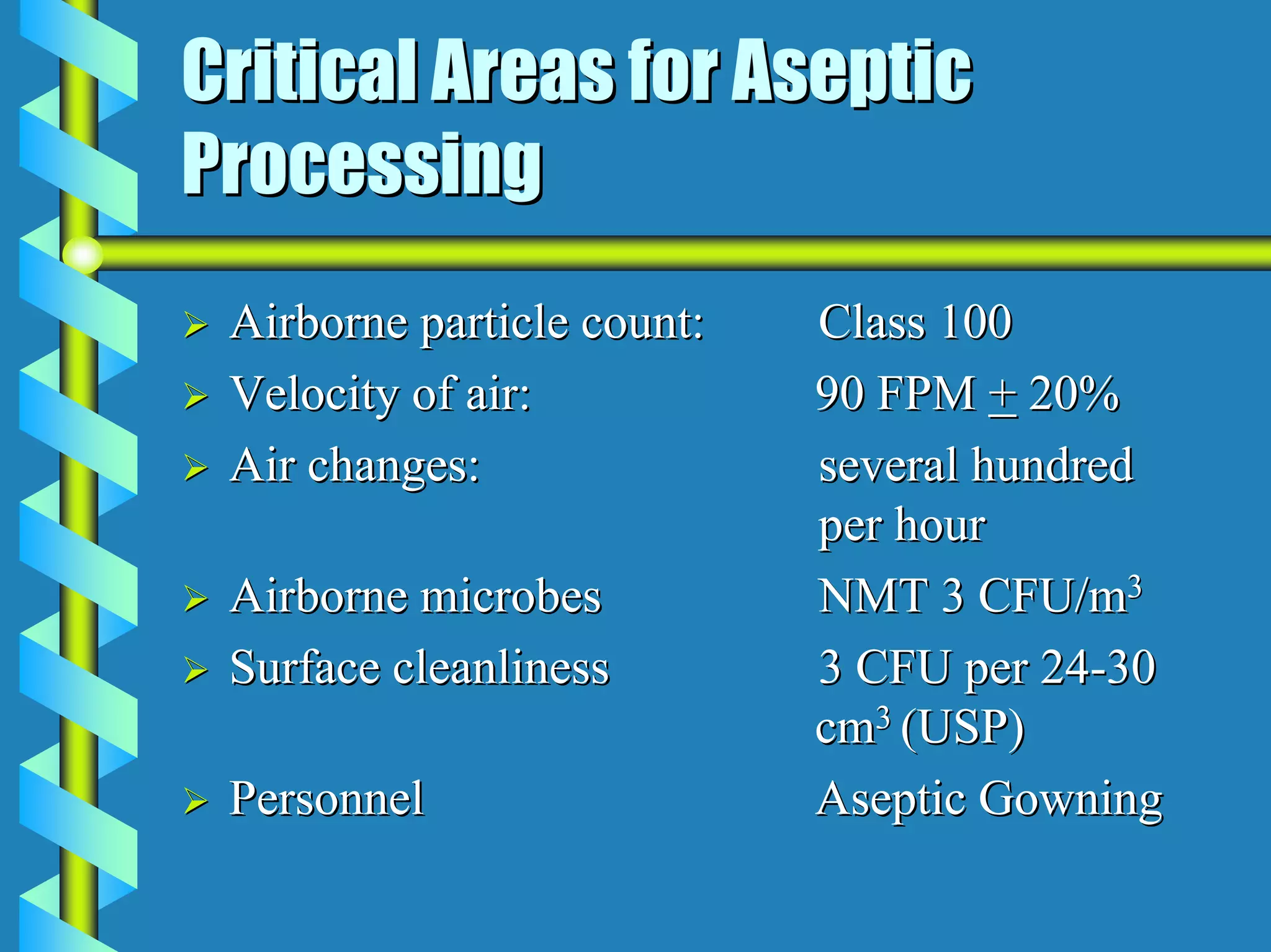 Critical Areas for Aseptic
Processing
 Airborne particle count:   Class 100
 Velocity of air:           90 FPM + 20%
 Air changes:               several hundred
                            per hour
 Airborne microbes          NMT 3 CFU/m3
 Surface cleanliness        3 CFU per 24-30
                            cm3 (USP)
 Personnel                  Aseptic Gowning
 