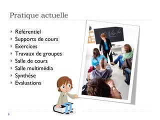 Pratique actuelle Référentiel Supports de cours  Exercices Travaux de groupes Salle de cours Salle multimédia Synthèse Evaluations 