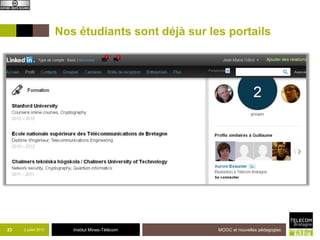 Institut Mines-Télécom
Nos étudiants sont déjà sur les portails
23 2 juillet 2013 MOOC et nouvelles pédagogies
 