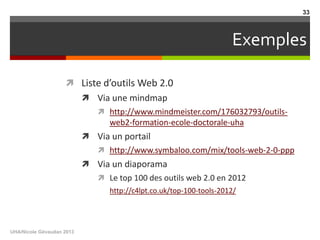 Exemples
 Liste d’outils Web 2.0
 Via une mindmap
 http://www.mindmeister.com/176032793/outils-
web2-formation-ecole-do...