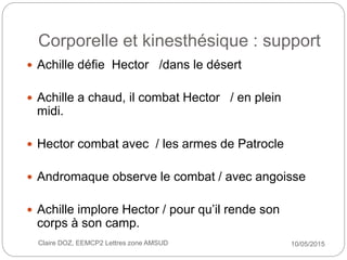 Corporelle et kinesthésique : support
 Achille défie Hector /dans le désert
 Achille a chaud, il combat Hector / en plei...