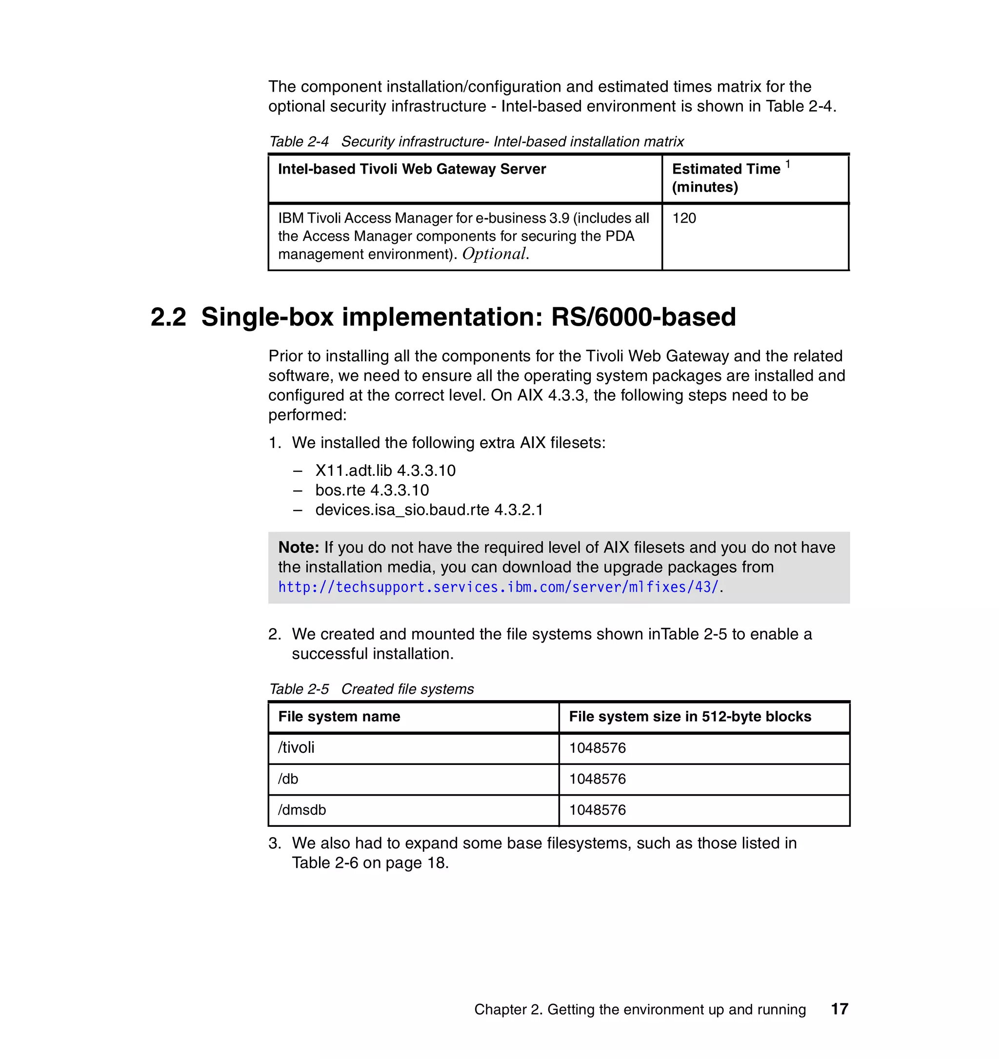 The component installation/configuration and estimated times matrix for the
        optional security infrastructure - Intel-based environment is shown in Table 2-4.

        Table 2-4 Security infrastructure- Intel-based installation matrix
         Intel-based Tivoli Web Gateway Server                          Estimated Time 1
                                                                        (minutes)

         IBM Tivoli Access Manager for e-business 3.9 (includes all     120
         the Access Manager components for securing the PDA
         management environment). Optional.



2.2 Single-box implementation: RS/6000-based
        Prior to installing all the components for the Tivoli Web Gateway and the related
        software, we need to ensure all the operating system packages are installed and
        configured at the correct level. On AIX 4.3.3, the following steps need to be
        performed:
        1. We installed the following extra AIX filesets:
           – X11.adt.lib 4.3.3.10
           – bos.rte 4.3.3.10
           – devices.isa_sio.baud.rte 4.3.2.1

         Note: If you do not have the required level of AIX filesets and you do not have
         the installation media, you can download the upgrade packages from
         http://techsupport.services.ibm.com/server/mlfixes/43/.

        2. We created and mounted the file systems shown inTable 2-5 to enable a
           successful installation.

        Table 2-5 Created file systems
         File system name                              File system size in 512-byte blocks

         /tivoli                                       1048576

         /db                                           1048576

         /dmsdb                                        1048576

        3. We also had to expand some base filesystems, such as those listed in
           Table 2-6 on page 18.




                                         Chapter 2. Getting the environment up and running   17
 