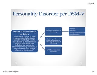 4/24/2014
Copyright 2014, Lindsey Slaughter 10
Trends of PD in Older
Adults
11.40%
12.30%
7.40%
1 6 -34 35-54 55-7 4
PREVALENCE RATES FOR ANY PD SEEMS TO
DECREASE ACROSS AGES
Possible decline of Cluster B PDs in OA (i.e., Borderline, Antisocial)
(Samuels et al, 2002)
Possible increase in Cluster A and C (i.e., Paranoid, Schizoid, Obsessive-Compulsive)
(Abrams & Horowitz, 1999)
Assessing for PD in
OA
Always consider and manage medical issues first
Listen to your gut/instincts:
PDs reveal themselves whether the resident likes it or not
Obtain as much collateral information as you can
(e.g., from family, peers, other professionals)
Formal assessment/consult, if possible
Try at least to identify what PD Cluster resident may have
(i.e., A, B, C)
 
