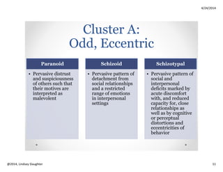4/24/2014
Copyright 2014, Lindsey Slaughter 11
Formal
Treatments
for PD in
OA
Treat Axis I
(i.e., other mental
disorders such as
depression,
dementia, anxiety)
simultaneously
Consider
psychotherapy
before medications
•Cognitive behavioral
•Short-term
psychodynamic
•Interpersonal
•Dialectical behavioral
•Family
If medications are
warranted, consider
anti-addictive
agents with minimal
side effects,
especially for OA
(i.e., anti-
depressants like
SSRI’s)
Tips for Working with OA with PD
Ask yourself how resident
makes you feel?
Angry? Hurt? Disempowered?
Incompetent? Special?
Remind yourself it’s likely not
about you.
Consult liberally with co-
workers and supervisors. It
prevents blindspots and
protects you.
Know thyself:
reflect on who you are, get
feedback from others, and
know your “hot buttons.” This
prevents countertransference
and power struggles.
E.g., BPD: Staff feels less able to manage
resident, responds with less empathy, and
believes resident is at fault for behavior
(Marley & Fung, 2013)
 