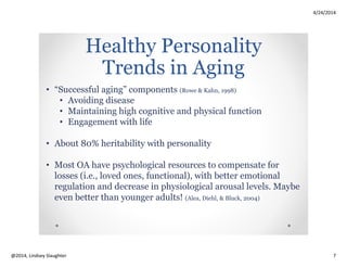 4/24/2014
Copyright 2014, Lindsey Slaughter 7
Cluster C:
Fearful, Avoidant
Avoidant
• Pervasive pattern
of social
inhibition,
feelings of
inadequacy, and
hypersensitivity
to negative
evaluation
Dependent
• Pervasive and
excessive need to
be taken care of
that leads to
submissive and
clinging behavior
and fears of
separation
Obsessive-
Compulsive
• Pervasive pattern
of preoccupation
with orderliness,
perfectionism,
and mental and
interpersonal
control, at the
expense of
flexibility,
openness, and
efficiency
Limitations of
Diagnostic Criteria
of PD in OA
Assessments for PDs
and classification
criteria neglect the
LATER LIFE
CONTEXT
RETIRED:
“occupational impairment”
FINANCIAL:
“miserly attitude”
ELDER ABUSE:
“paranoid”
Assessments for
PDs and
classification
criteria neglect the
LATER LIFE
CHANGES
POSSIBLE SENSORY DECLINE:
“paranoid”
POSSIBLE PHYSICAL DECLINE:
“parasuicidal behavior,” “fights”; “avoidant”
POSSIBLE INCREASE IN LOSS OF
PARTNER(S), FAMILY, FRIENDS:
“abandonment”
POSSIBLE DECREASE IN LIBIDO;
EMOTIONAL EXPRESSION:
“schizoid”
Indeed, “the presentation of a PD is intimately tied to contexts, contexts that can help to bring about the presentation of the features”
(Oltmanns & Balsis, 2011)
(Segal, Coolidge, &
Rosowsky, 2006)
 