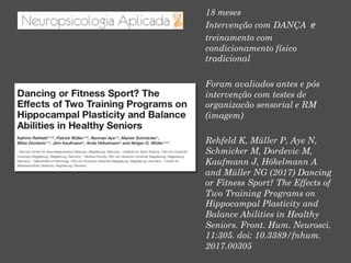 18 meses
Intervenção com DANÇA e
treinamento com
condicionamento físico
tradicional
Foram avaliados antes e pós
intervenção com testes de
organizacão sensorial e RM
(imagem)
Rehfeld K, Müller P, Aye N,
Schmicker M, Dordevic M,
Kaufmann J, Hökelmann A
and Müller NG (2017) Dancing
or Fitness Sport? The Effects of
Two Training Programs on
Hippocampal Plasticity and
Balance Abilities in Healthy
Seniors. Front. Hum. Neurosci.
11:305. doi: 10.3389/fnhum.
2017.00305
 