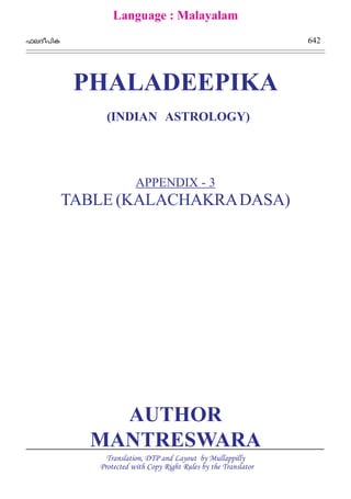 ^eZo]nI 642
Language : Malayalam
PHALADEEPIKA
(INDIAN ASTROLOGY)
APPENDIX - 3
TABLE (KALACHAKRADASA)
AUTHOR
MANTRESWARA
Translation, DTP and Layout by Mullappilly
Protected with Copy Right Rules by the TranslatorotecteL
 