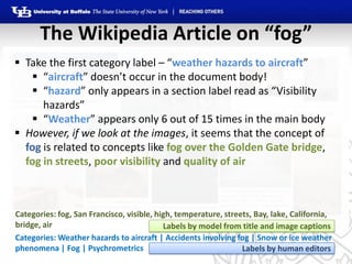 The Wikipedia Article on “fog”
 Take the first category label – “weather hazards to aircraft”
    “aircraft” doesn’t occ...