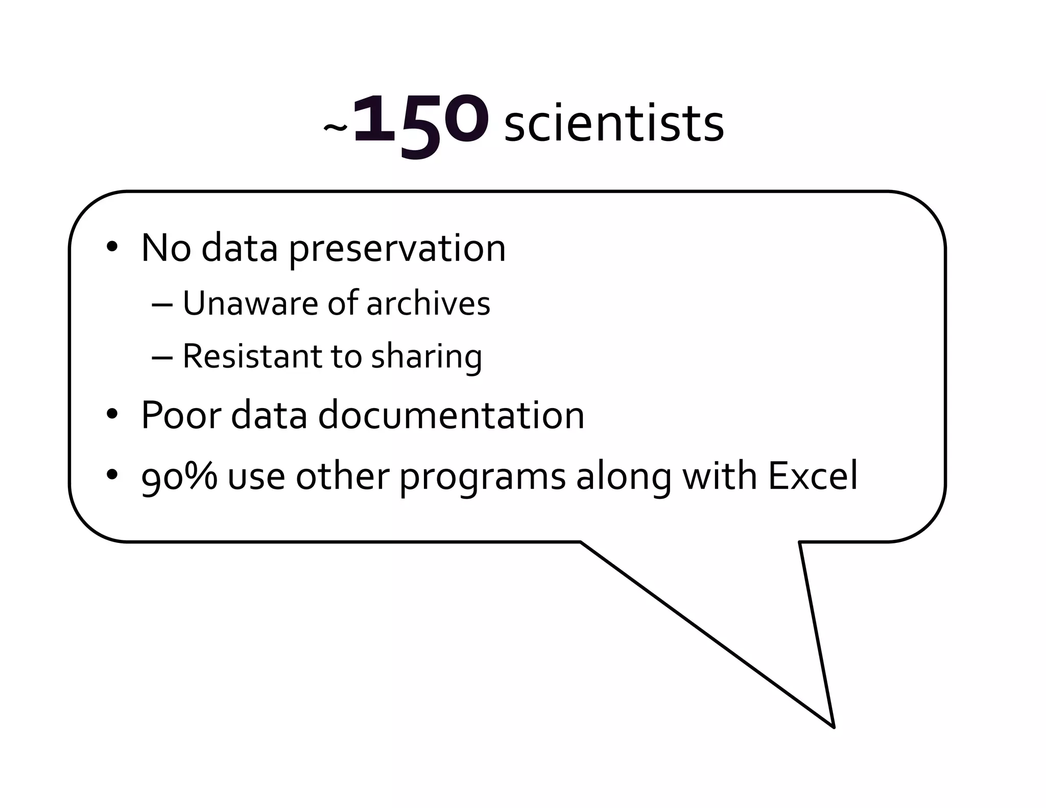 ~ 150	
  scientists	
  
•  No	
  data	
  preservation	
  
   –  Unaware	
  of	
  archives	
  
   –  Resistant	
  to	
  sharing	
  
•  Poor	
  data	
  documentation	
  
•  90%	
  use	
  other	
  programs	
  along	
  with	
  Excel	
  
 