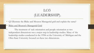 LO3
(LEADERSHIP).
• Q3 Illustrate the Blake and Mouton Managerial grid and explain the same?
• Blake and Mouton’s Managerial Grid
• The treatment of task orientation and people orientation as two
independent dimensions was a major step in leadership studies. Many of the
leadership studies conducted in the 1950s at the University of Michigan and the
Ohio State University focused on these two dimensions.
 