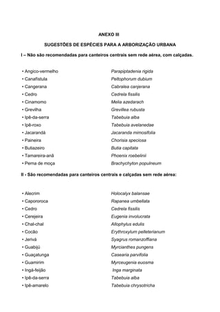 ANEXO III

              SUGESTÕES DE ESPÉCIES PARA A ARBORIZAÇÃO URBANA

I – Não são recomendadas para canteiros centrais sem rede aérea, com calçadas.


• Angico-vermelho                        Parapiptadenia rigida
• Canafístula                            Peltophorum dubium
• Cangerana                              Cabralea canjerana
• Cedro                                  Cedrela fissilis
• Cinamomo                               Melia azedarach
• Grevilha                               Grevillea rubusta
• Ipê-da-serra                           Tabebuia alba
• Ipê-roxo                               Tabebuia avelanedae
• Jacarandá                              Jacaranda mimosifolia
• Paineira                               Chorisia speciosa
• Butiazeiro                             Butia capitata
• Tamareira-anã                          Phoenix roebelinii
• Perna de moça                          Brachychyton populneum

II - São recomendadas para canteiros centrais e calçadas sem rede aérea:



• Alecrim                                Holocalyx balansae
• Capororoca                             Rapanea umbellata
• Cedro                                  Cedrela fissilis
• Cerejeira                              Eugenia involucrata
• Chal-chal                              Allophylus edulis
• Cocão                                  Erythroxylum pelleterianum
• Jerivá                                 Syagrus romanzoffiana
• Guabijú                                Myrcianthes pungens
• Guaçatunga                             Casearia parvifolia
• Guamirim                               Myrceugenia euosma
• Ingá-feijão                             Inga marginata
• Ipê-da-serra                           Tabebuia alba
• Ipê-amarelo                            Tabebuia chrysotricha
 
