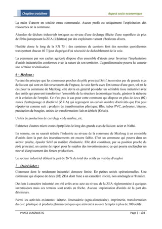 Chapitre troisième                                                     Aspect socio economique

La main d'œuvre en totalité extra communale. Aucun profit ou uniquement l'exploitation des
ressources de la commune.

Abandon de déchets industriels toxiques au niveau d'une décharge illicite d'une superficie de plus
de 50 ha juxtaposant la ZEA (L'hlatma) par des exploitants venant d'horizons divers.

Fluidité dense le long de la RN 75 : des centaines de camions font des navettes quotidiennes
transportant chacun 40 T/jour d'agrégat d'où nécessité de dédoublement de la voie.

La commune par son cachet agricole dispose d'un ensemble d'atouts pour favoriser l'implantation
d'unités industrielles conformes avec la nature de son territoire. L'agroalimentaire pourra lui assurer
une certaine revitalisation.

6 – Mezloug :
Partant du principe que les communes proches du pôle principal Sétif, traversées par de grands axes
de liaison qui sont en fait structurants de l'espace, la voie ferrée avec l'existence d'une gare, tel est le
cas pour la commune de Mezloug, elle devra en général posséder un véritable tissu industriel avec
des unités qui peuvent transformer l'ensemble de la structure économique locale, générer la richesse
et la création de l'emploi. Ce n'est pas le cas pour cette commune qui dispose en plus de deux (02)
zones d'entreposage et d'activité (Z.E.A) qui regroupent un certain nombre d'activités que l'on peut
répertorier comme suit : produits de transformation plastique: film, tubes PVC, polyester, bitume,
production de bougies, unités de transformation: lait et dérivés (Orlait).

Unités de production de carrelage et de marbre, etc.

Existence d'autres micro zones éparpillées le long des grands axes de liaison: acier et Naftal.

En somme, on ne saurait réduire l'industrie au niveau de la commune de Mezloug à un ensemble
d'unités dont la part des investissements est encore faible. C'est un commune qui pourra dans un
avenir proche, épauler Sétif en matière d'industrie. Elle doit constituer, par sa position proche du
pôle principal, un centre de report pour le surplus des investissements; ce qui pourra enclencher un
nouvel élargissement des forces productives.

Le secteur industriel détient la part de 26 % du total des actifs en matière d'emploi

7 – Ouled Saber :
Commune dont le rendement industriel demeure limité. De petites unités opérationnelles. Une
commune qui dispose de deux (02) ZEA dont l'une a un caractère illicite, non aménagée à l'Hmalet.

Des lots à caractère industriel ont été créés avec acte au niveau de la ZEA réglementaire à quelques
investisseurs mais ces terrains sont restés en friche. Aucune implantation d'unités de la part des
détenteurs.

Parmi les activités existantes: laiterie, limonaderie (agro-alimentaire), imprimerie, transformation
du cuir, plastique et produits pharmaceutiques qui arrivent à assurer l'emploi à plus de 300 actifs.

   PHASE DIAGNOSTIC                                                                           Page | - 103 -
 