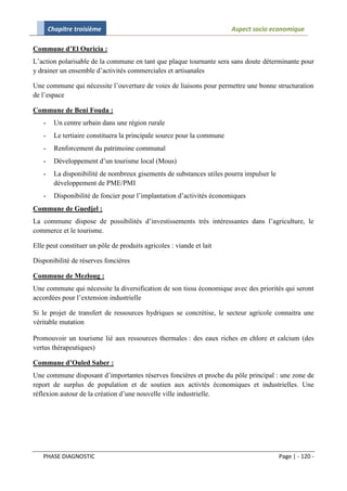 Chapitre troisième                                                Aspect socio economique

Commune d’El Ouricia :
L’action polarisable de la commune en tant que plaque tournante sera sans doute déterminante pour
y drainer un ensemble d’activités commerciales et artisanales

Une commune qui nécessite l’ouverture de voies de liaisons pour permettre une bonne structuration
de l’espace

Commune de Beni Fouda :
   -     Un centre urbain dans une région rurale
   -     Le tertiaire constituera la principale source pour la commune
   -     Renforcement du patrimoine communal
   -     Développement d’un tourisme local (Mous)
   -     La disponibilité de nombreux gisements de substances utiles pourra impulser le
         développement de PME/PMI
   -     Disponibilité de foncier pour l’implantation d’activités économiques
Commune de Guedjel :
La commune dispose de possibilités d’investissements très intéressantes dans l’agriculture, le
commerce et le tourisme.

Elle peut constituer un pôle de produits agricoles : viande et lait

Disponibilité de réserves foncières

Commune de Mezloug :
Une commune qui nécessite la diversification de son tissu économique avec des priorités qui seront
accordées pour l’extension industrielle

Si le projet de transfert de ressources hydriques se concrétise, le secteur agricole connaitra une
véritable mutation

Promouvoir un tourisme lié aux ressources thermales : des eaux riches en chlore et calcium (des
vertus thérapeutiques)

Commune d’Ouled Saber :
Une commune disposant d’importantes réserves foncières et proche du pôle principal : une zone de
report de surplus de population et de soutien aux activtés économiques et industrielles. Une
réflexion autour de la création d’une nouvelle ville industrielle.




   PHASE DIAGNOSTIC                                                                       Page | - 120 -
 