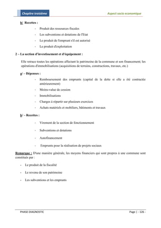 Chapitre troisième                                                  Aspect socio economique

   b/ Recettes :
                -    Produit des ressources fiscales
                -    Les subventions et dotations de l'Etat
                -    Le produit de l'emprunt s'il est autorisé
                -    Le produit d'exploitation

2 – La section d'investissement et d'équipement :

    Elle retrace toutes les opérations affectant le patrimoine de la commune et son financement; les
    opérations d'immobilisations (acquisitions de terrains, constructions, travaux, etc.)

   a/ – Dépenses :
                -    Remboursement des emprunts (capital de la dette si elle a été contractée
                     antérieurement)
                -    Moins-value de cession
                -    Immobilisations
                -    Charges à répartir sur plusieurs exercices
                -    Achats matériels et mobiliers, bâtiments et travaux

   b/ – Recettes :

                -    Virement de la section de fonctionnement

                -    Subventions et dotations

                -    Autofinancement

                -    Emprunts pour la réalisation de projets sociaux

Remarque : D'une manière générale, les moyens financiers qui sont propres à une commune sont
constitués par :

   -     Le produit de la fiscalité

   -     Le revenu de son patrimoine

   -     Les subventions et les emprunts




   PHASE DIAGNOSTIC                                                                      Page | - 126 -
 