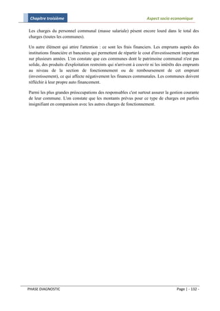 Chapitre troisième                                                  Aspect socio economique

Les charges du personnel communal (masse salariale) pèsent encore lourd dans le total des
charges (toutes les communes).

Un autre élément qui attire l'attention : ce sont les frais financiers. Les emprunts auprès des
institutions financière et bancaires qui permettent de répartir le cout d'investissement important
sur plusieurs années. L'on constate que ces communes dont le patrimoine communal n'est pas
solide, des produits d'exploitation restreints qui n'arrivent à couvrir ni les intérêts des emprunts
au niveau de la section de fonctionnement ou de remboursement de cet emprunt
(investissement), ce qui affecte négativement les finances communales. Les communes doivent
réfléchir à leur propre auto financement.

Parmi les plus grandes préoccupations des responsables c'est surtout assurer la gestion courante
de leur commune. L'on constate que les montants prévus pour ce type de charges est parfois
insignifiant en comparaison avec les autres charges de fonctionnement.




PHASE DIAGNOSTIC                                                                      Page | - 132 -
 