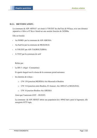 Chapitre quatrième                                                Analyse urbaine




II.2.1. IDENTIFICATION :

  La commune de AIN ARNAT est située à l’OUEST du chef lieu de Wilaya, avec une distance
  séparative s’élève a 07 Km s’étend sur une assiette foncière de 24200ha

  Elle est limitée:

  -    Au NORD par la commune de AIN ABESSA

  -    Au Sud Est par la commune de MEZLOUG

  -    A l’OUEST par AIN TAGROUT(BBA)

  -    A l’EST par la commune de setif



       Reliée par :

  -    La RN 5 (Alger –Constantine)

       Et apartir duquel tout le réseau de la commune prend naissance.

  -    les chemins de wilaya :

          o CW 139 (jonction MEHDIA) Ain Messoud et Bouhira

          o CW 114 (jonction entre Bouhira, El Anasser, Ain ARNAT et MEZLOUG.

          o CW 14 jonction Bouhira Ain ABESSA

       Ainsi que l’autoroute (EST – OUEST)

       La commune de AIN ARNET abrite une population de ( 49942 hab ) pour le logement, elle
       enregistre 8375 logts.




      PHASE DIAGNOSTIC                                                            Page | 163
 